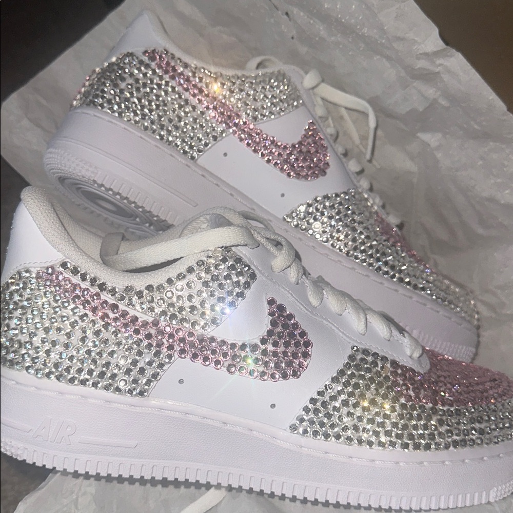 Nike Women's White Sneakers with Pink and Silver Crystal Accents